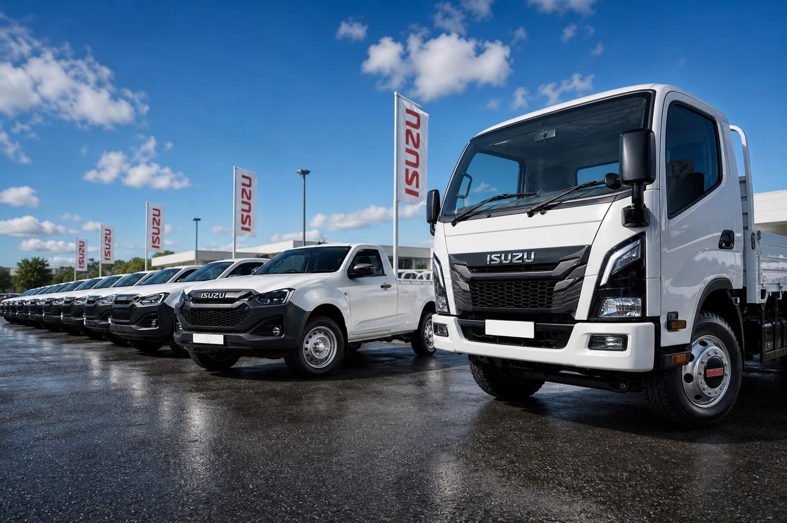 Row of new Isuzu vehicles for sale